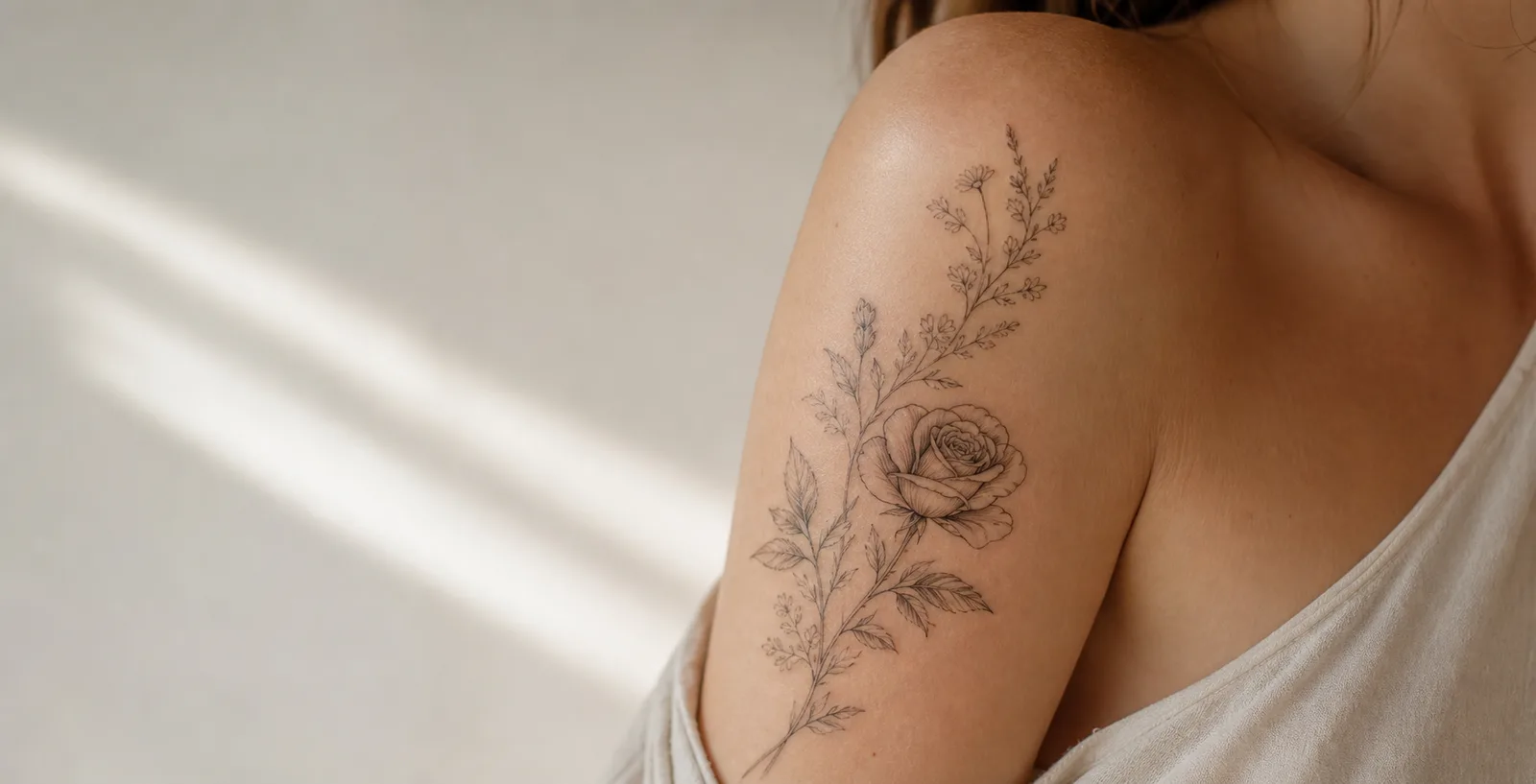 Floral tattoo inspiration with flowers flowing over the shoulder and upper arm.