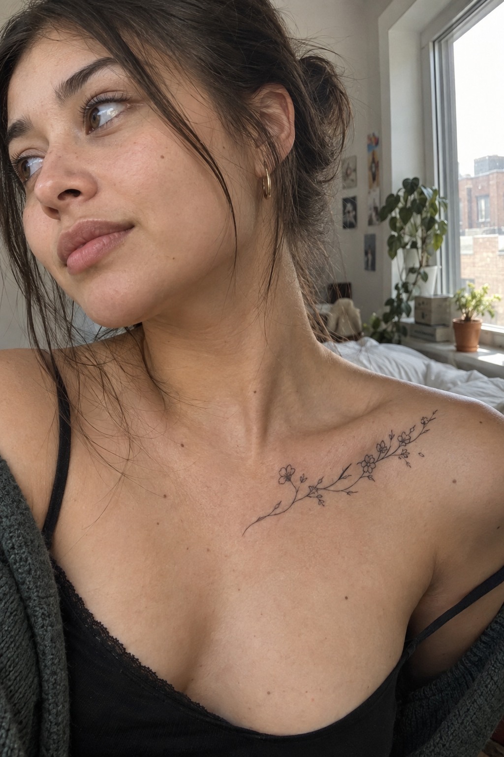 Small Floral Tattoos Along The Collarbone