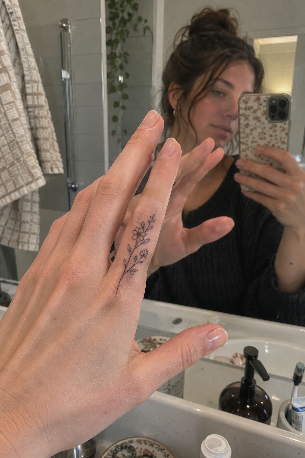 Small Floral Tattoos On Finger Side
