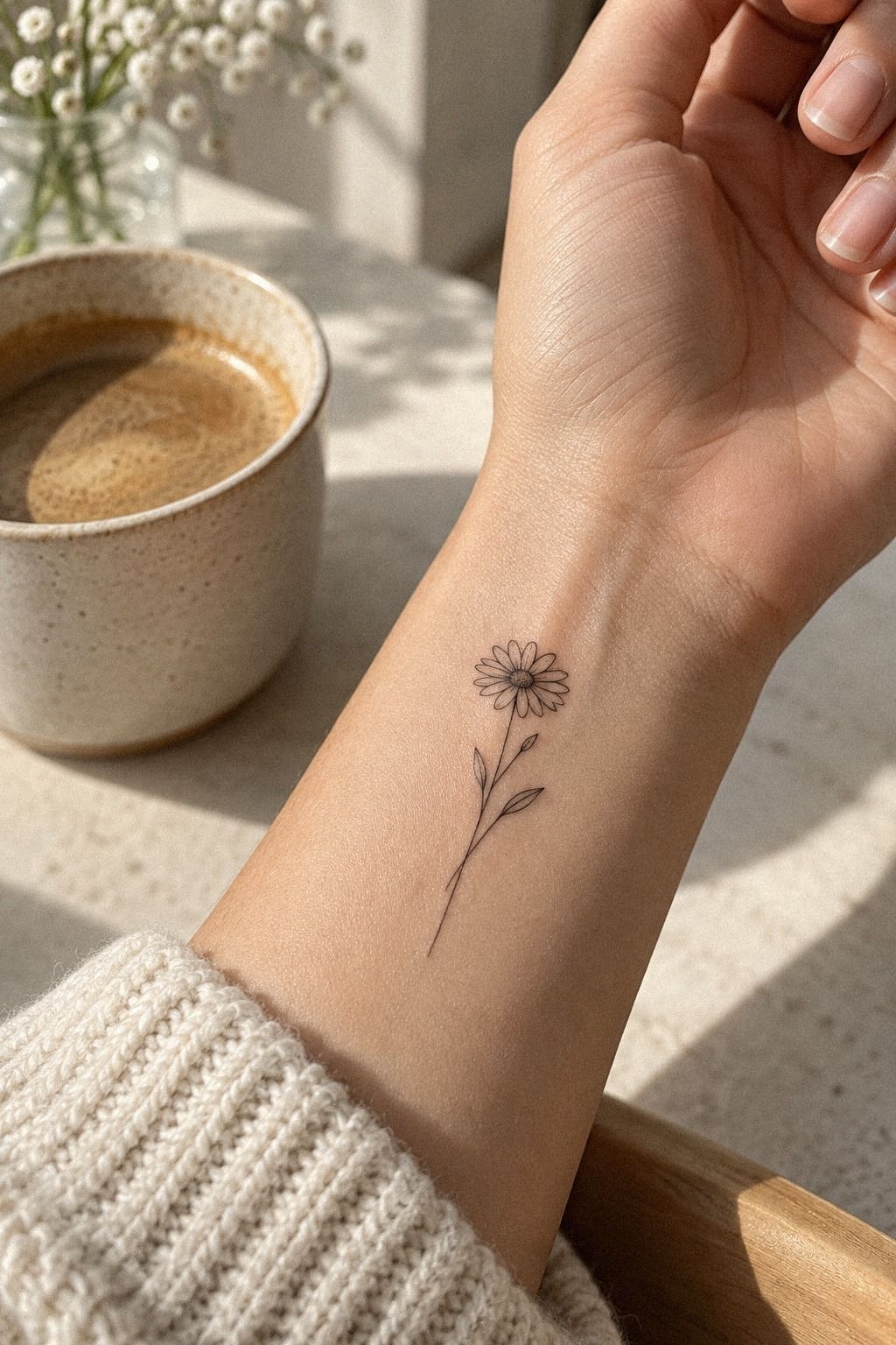 Fine-Line Delicate Daisy Tattoo on the Wrist