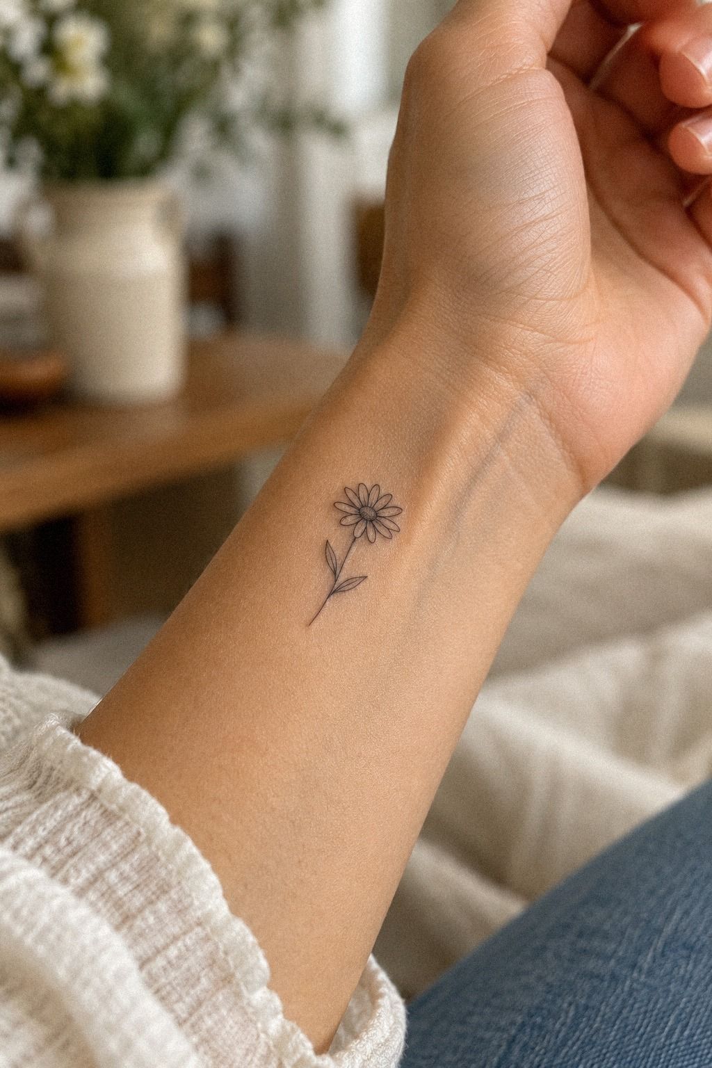 Fine Dotwork Delicate Daisy Tattoo on the Rib