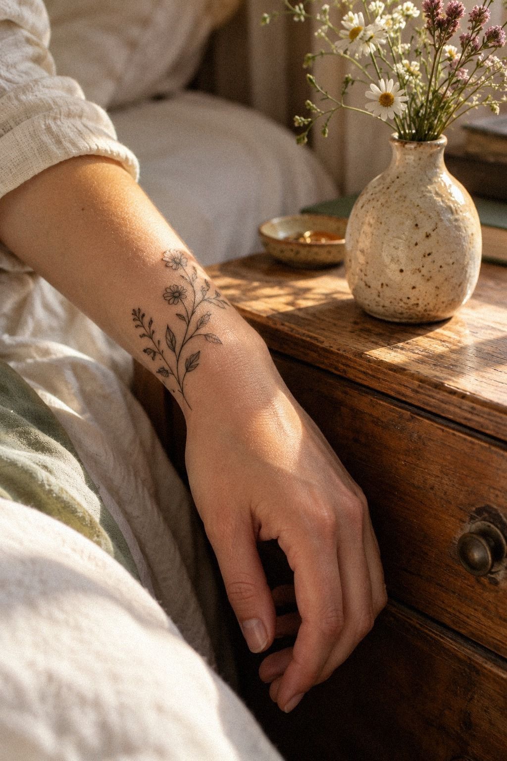 Fine-Line Wildflower Wrist Tattoos