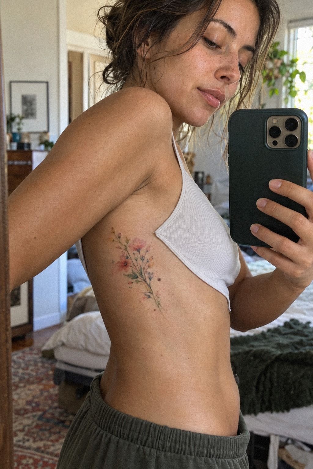 Watercolor Floral Rib Tattoos With Controlled Color