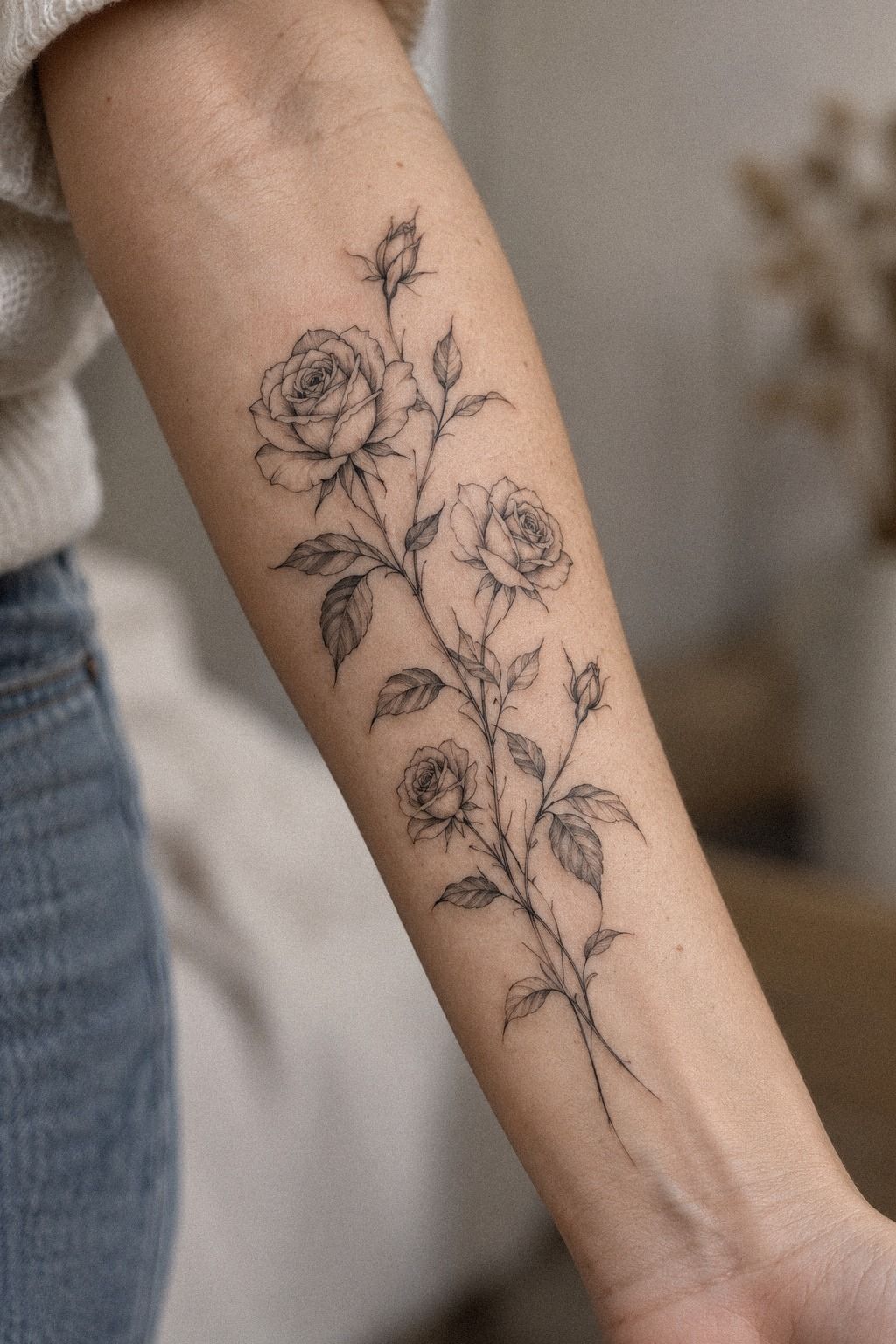 Single Needle Rose Tattoos Along the Ribcage