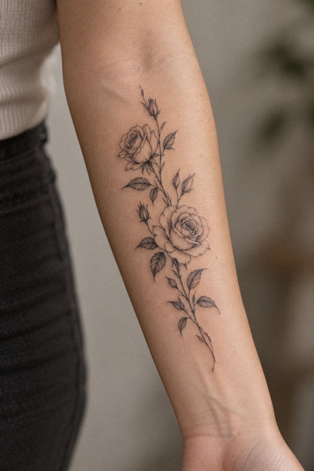 Botanical Delicate Rose Tattoos on the Forearm