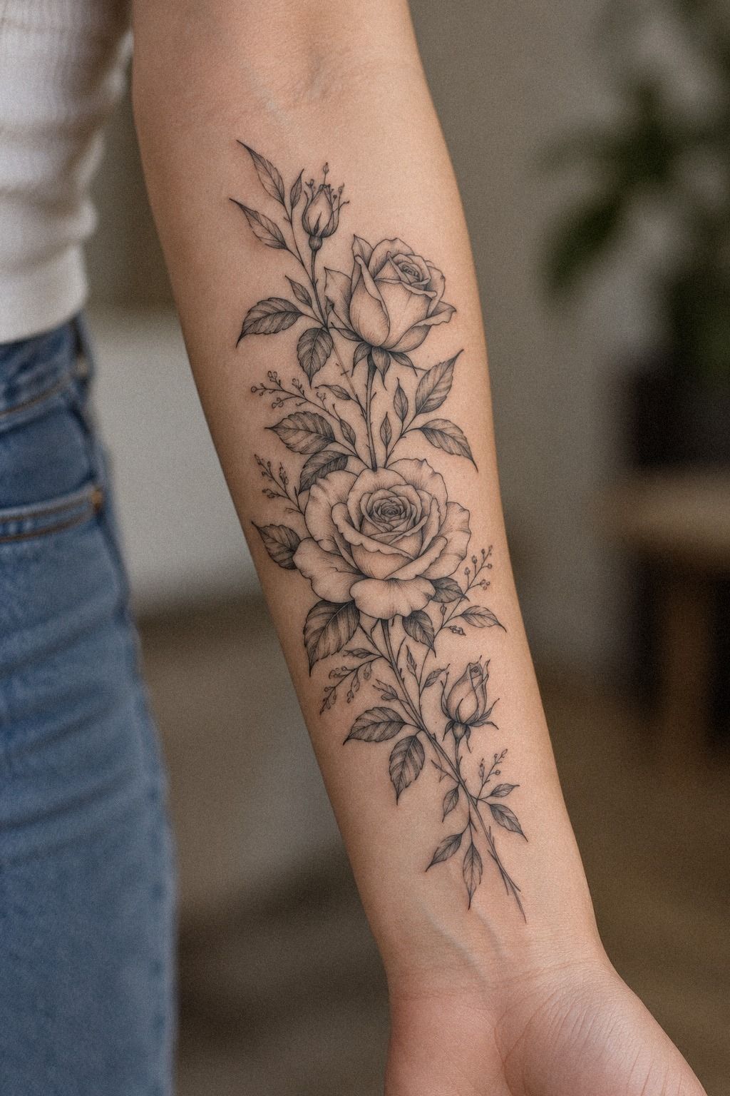 Blackwork Rose Tattoos with Thorn Details