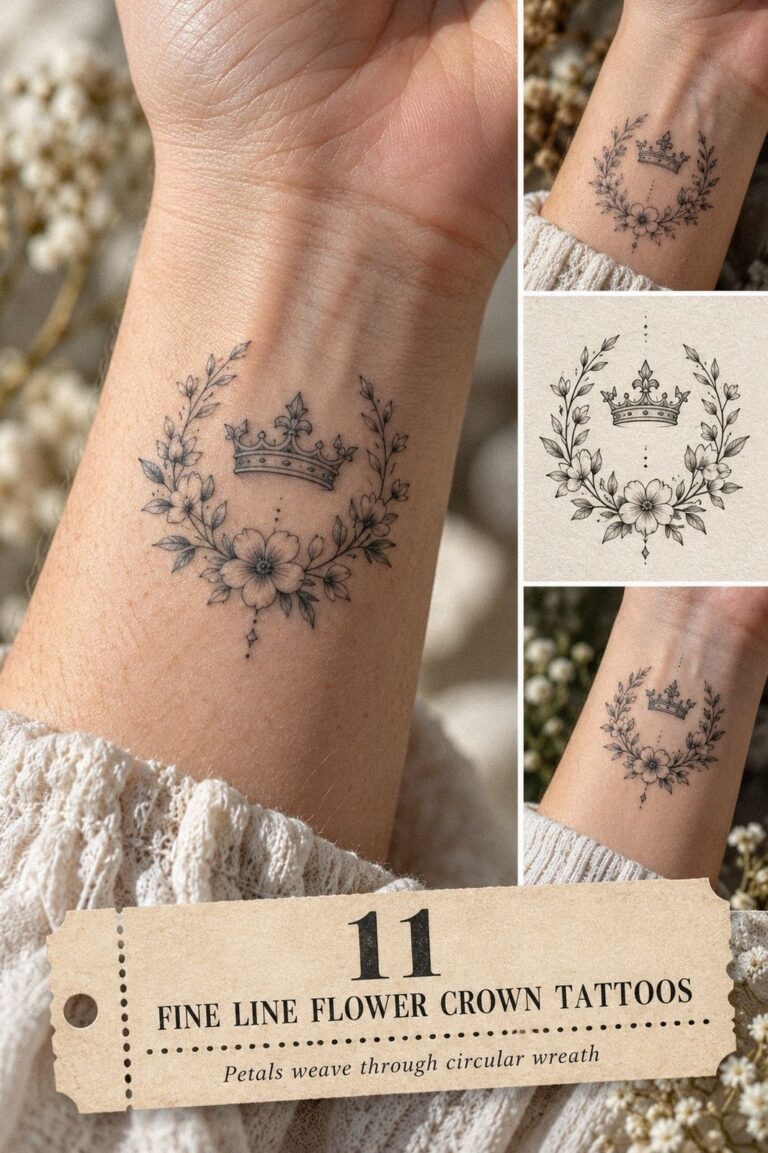 Fine Line Flower Crown Tattoos That Barely Sting, One Sitting Done
