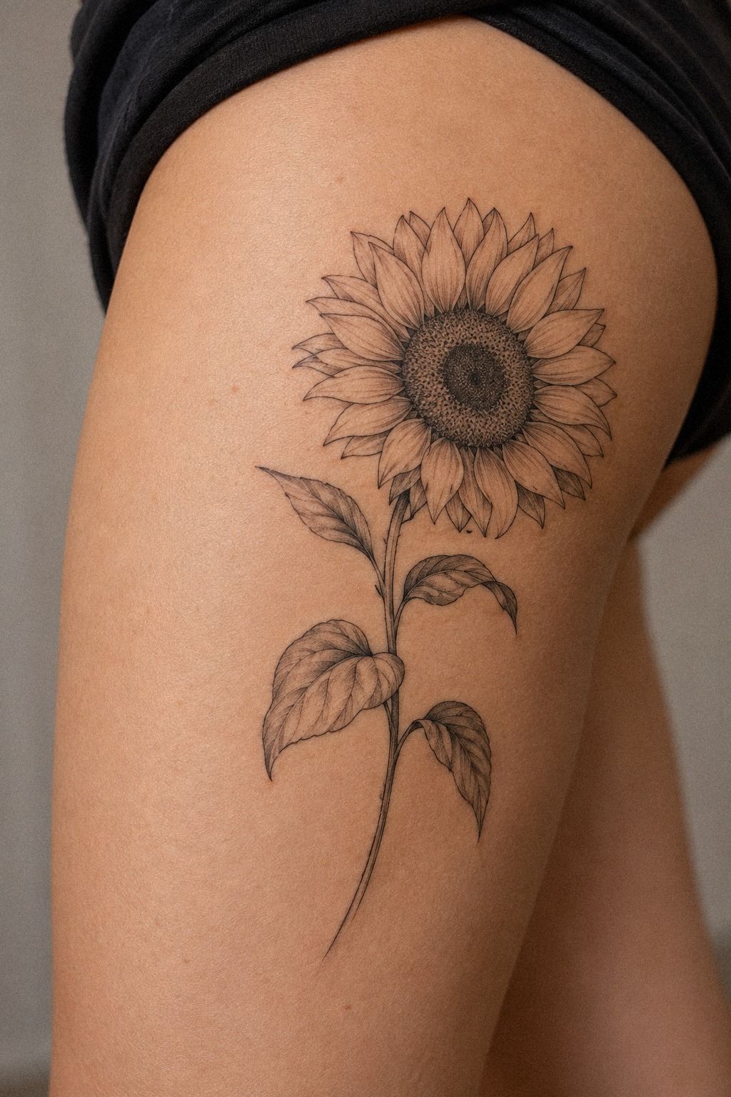 Small Fine Line Sunflower Behind the Ear