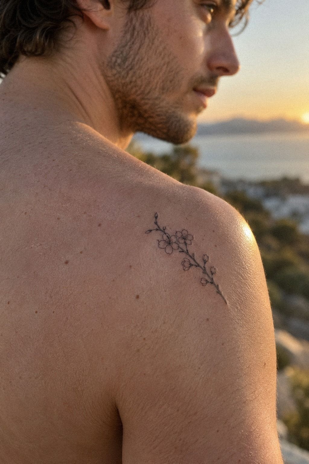 Tiny Cherry Blossom Tattoo in Fine Line Blackwork