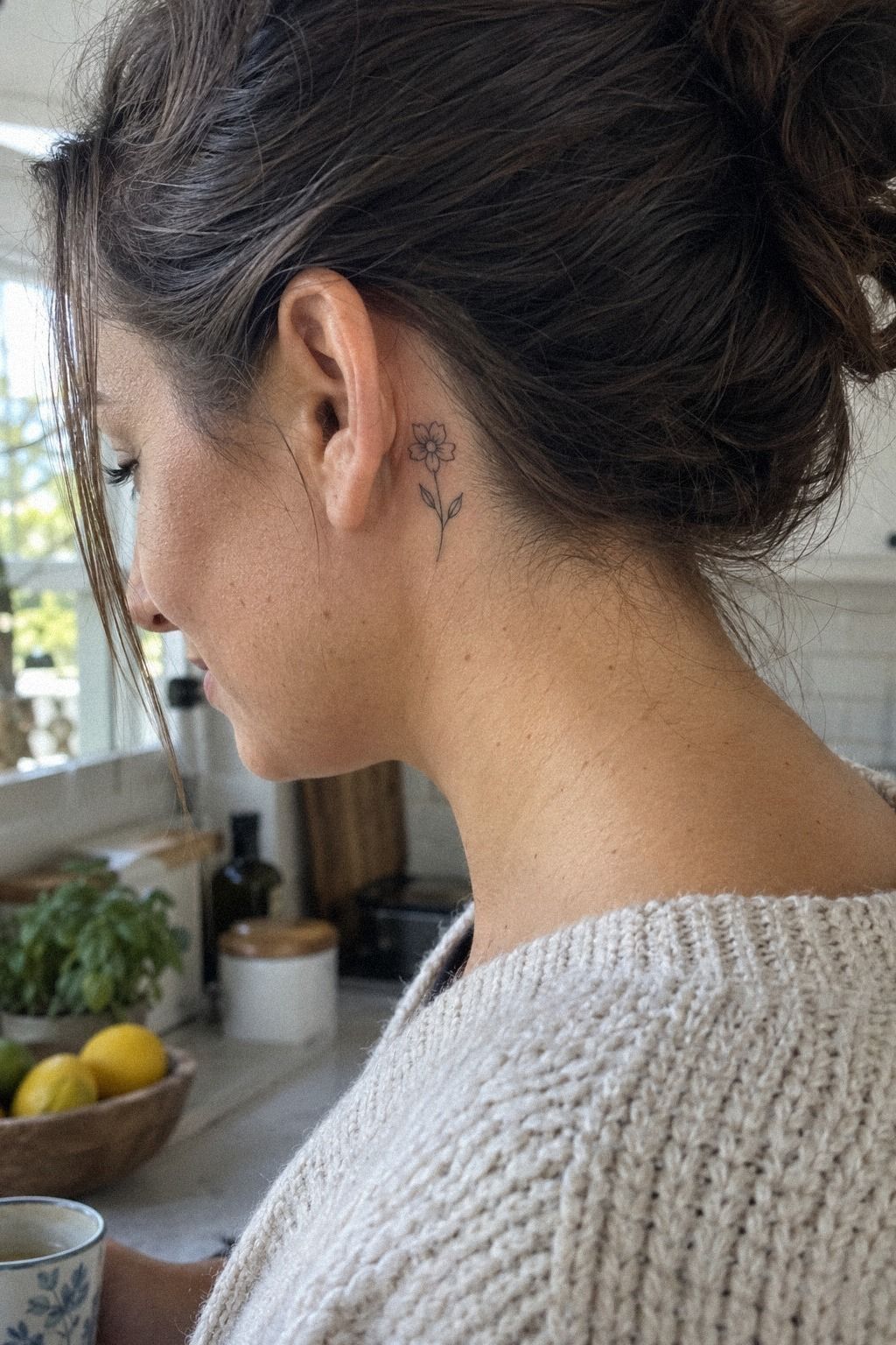 Fine-Line Tiny Flower Crown Tattoo Behind the Ear